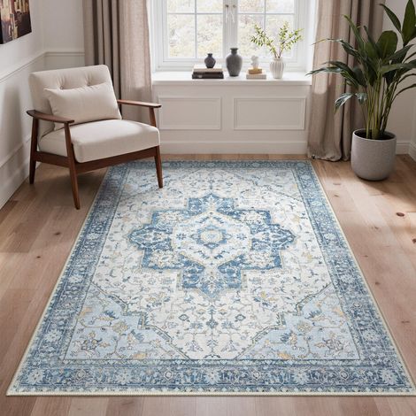 Tapis Salon Vintage 120x170cm Lavable en Machine Rug AntidéRapant Poil Ras, pour Chambre Salle a Manger Descente de Lit Bureau, Cuisine, Bleu et Crème (1/5)