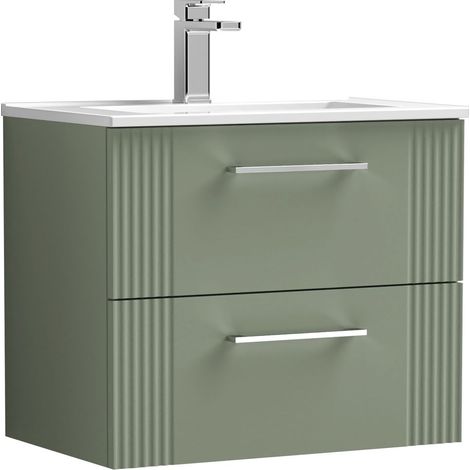 Belvide Partial Fluted 2 Drawer Wall Hung Vanity Unit with 1 Tap Hole Minimalist Basin - 600mm - Green (1/4)