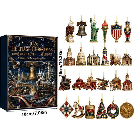 Calendrier de l'Avent Heritage 2026 - 24 décorations suspendues uniques en acrylique 2D au motif rétro - Calendrier de l'Avent de 24 jours pour décorer le sapin de Noël et offrir en cadeau souvenir
