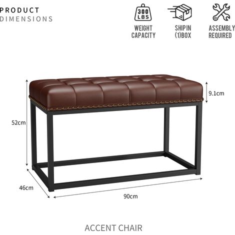 Banc vintage capitonné de 91 cm (36 po) avec assise en similicuir capitonnée, structure en métal de style industriel, idéal pour une entrée, une chambre, un salon ou au pied du lit (marron). (1/4)