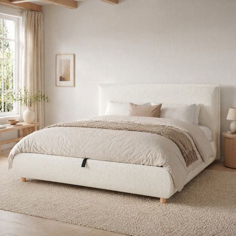 Letto matrimoniale 180x200 cm bianco in tessuto bouclé con contenitore idraulico e rete a doghe (1/5)