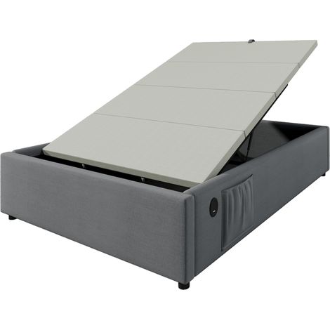 Letto Contenitore Letto Singolo 90 x 200 cm con USB, USB-C e Tasca Laterale, senza Materasso, Grigio (1/5)
