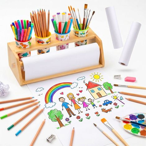 Rollos de papel Relaxdays con soporte, 3 x 5 m, estación de pintura con portalápices, papel para niños, natural/blanco
