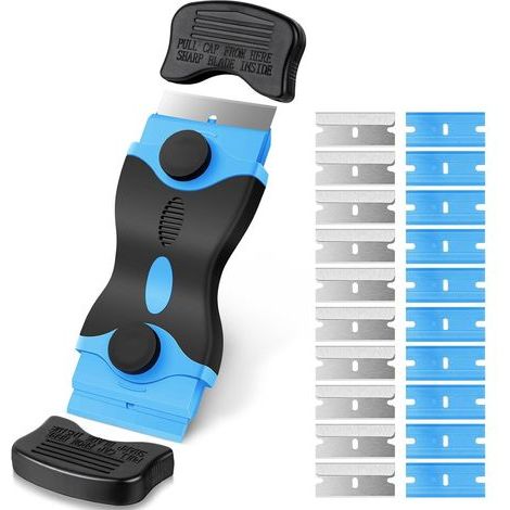 Blauer Keramik-Herdschaber mit 20 Ersatzklingen zum Entfernen von Etiketten, Aufklebern und Stickern. (1/5)