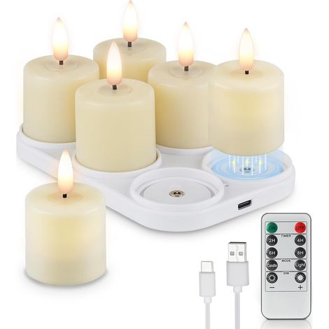 Lot de 6 bougies led votives rechargeables avec minuterie décoration d'intérieur, réalistes bougies chauffe-plat à piles avec telecommande, base de charge et câble USB-C incluses (1/5)