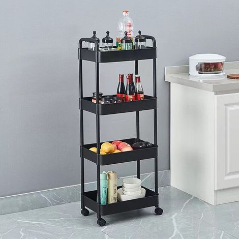 Desserte de cuisine à roulettes noire 4 niveaux H 119 x L 41 x P 28,5 cm – Plastique résistant – Roulettes multidirectionnelles avec blocage (1/2)