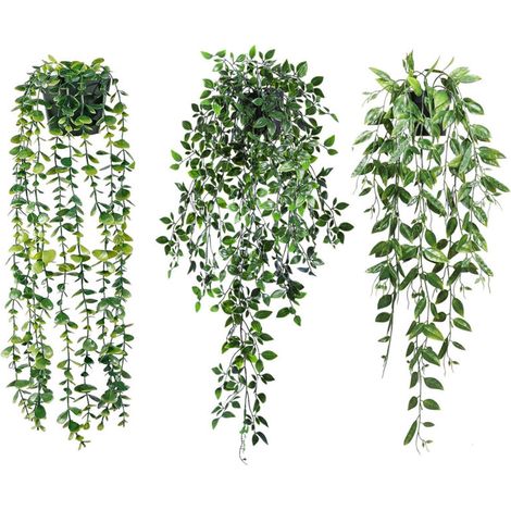 Lot de 3 Plante verte artificielle tombante à suspendre 65 cm – Décoration intérieure moderne – Nuances de vert (1/5)