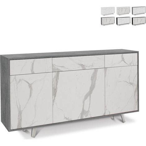 Buffet moderne 3 portes 3 tiroirs pour salon et cuisine Dalgo - Gris - Marbre Calacatta