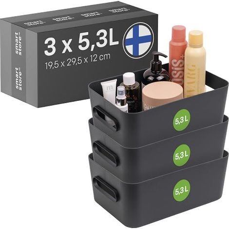 Panier de Rangement 3× 5.3 L  Petite boite de rangement pour étagères, salle de bain, bureau  Rangement Multiusage en plastique recyclé  Bleu L29.5 ×W19.5 ×H12 cm (1/5)