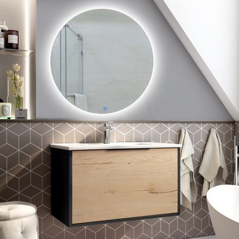 Meuble de salle de bain simple vasque - 1 façade et 2 tiroirs - ALBA et miroir rond SOLEN - 80cm (1/4)