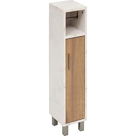 Dérouleur pour papier toilette avec rangement 1 porte, coloris marron/blanc - Longueur 18 x Profondeur 86 x Hauteur 20 cm (1/5)