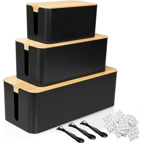 Lot de 3 boîtes de rangement pour câbles, grande boîte de rangement avec couvercle en bois, boîte de rangement pour multiprise pour protéger câbles et prises – finitions noir et bambou (1/5)
