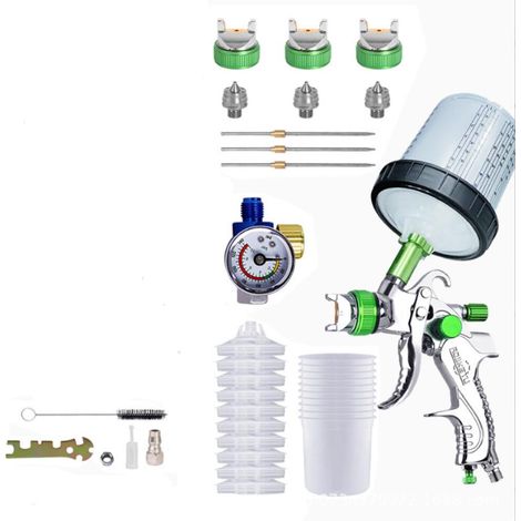 (Vert) Pistolet Pulvérisateur de Peinture avec Buses de 1,4/1,7/2,0mm et Régulateur d'air, Kit de Pistolet de Pulvérisation de Voiture avec Godet de 600 ML et Autres Accessoires de Pulvérisation