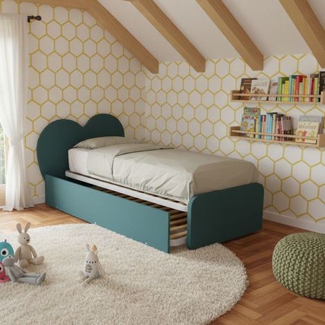 Letto singolo a cuore "Cupidor" con secondo letto estraibile - Verde Petrolio