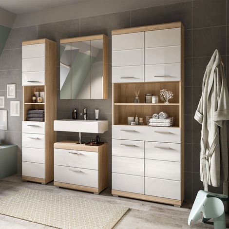 Colonne de salle de bain + 3 meubles chêne et blanc - LAMBY
