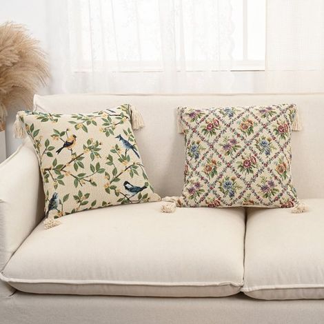 Taies d'oreiller décoratives - Lot de 2 - 45 x 45 cm - Coton et lin - Taies d'oreiller style vintage à pompons - Taies d'oreiller brodées avec fermeture éclair