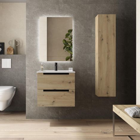 Mueble de Baño LENI 60cm Roble 2 cajones Lavabo 1 poza Porcelana (1/5)