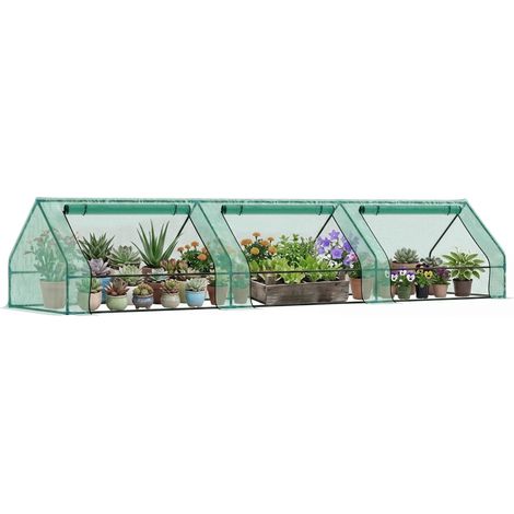 Mini serre étanche pour plantes avec 3 entrées enroulables, acier et PE, 400 x 100 x 80 cm, verte