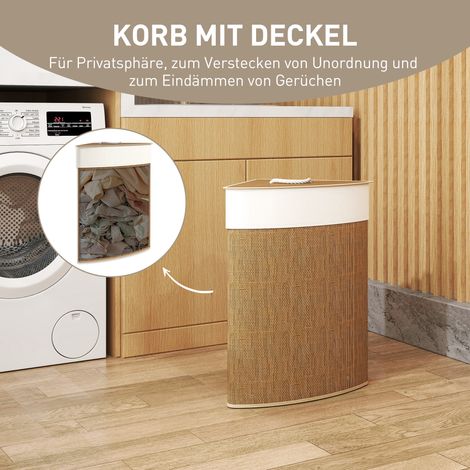 Panier à linge d'angle, vannerie en bambou, 55 litres, sac en tissu, cadre métallique, marron (1/4)
