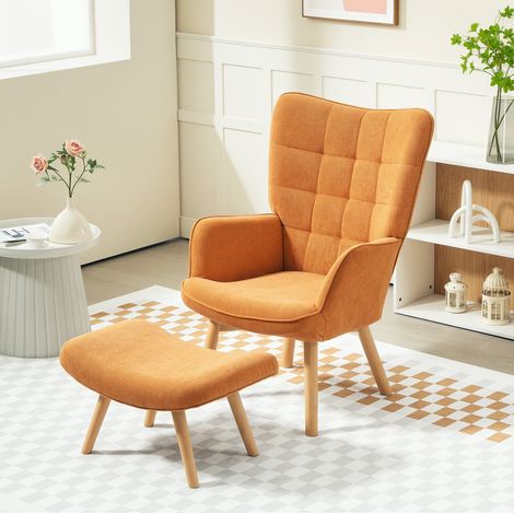 Fauteuil avec pouf en polyester marron, pieds en bois de hêtre, 72 x 80 x 101 cm (1/5)