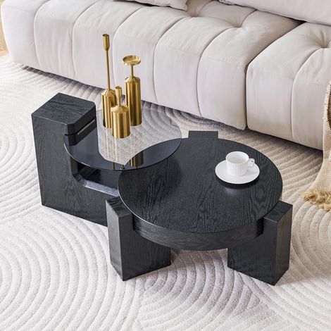 [Trennbares Couchtisch-Set] – Transparente graue Glasplatte kombiniert mit MDF-Stützen in schwarzer Holzoptik. Zerlegbares Design für flexible Raumnutzung, anpassbar an Wohnzimmer-Szenarien. (1/5)