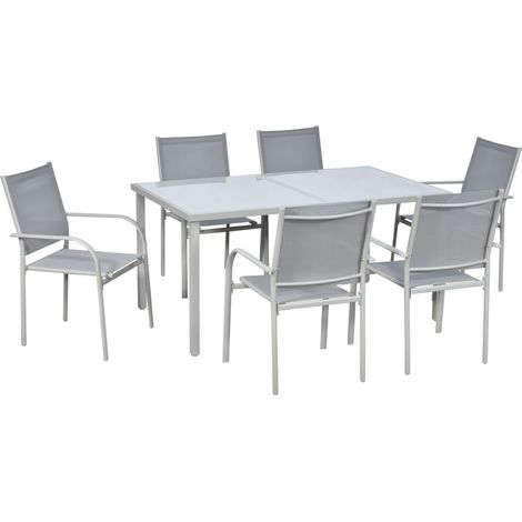 Salon de jardin 7 pièces en acier, avec 6 chaises empilables et 1 table à plateau en verre trempé (1/5)