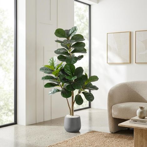 120cm Ficus Lyrata Artificiel Plante Faux Figuier Pot Noir Feuilles en PE réalistes avec nervures 3D, pot noir lesté avec galets blancs, aucun arrosage requis (1/5)
