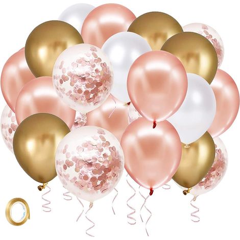 Ballons en latex rose doré à confettis, lot de 60 ballons blancs et dorés de 30 cm avec ruban doré pour décorations de fête, mariage, enterrement de vie de jeune fille