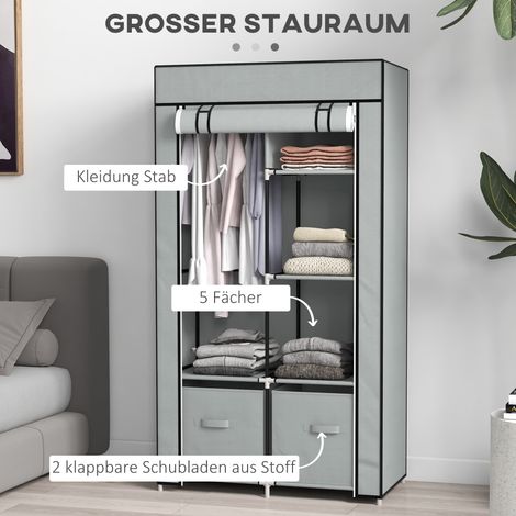 Armoire en toile grise avec 1 barre de penderie et 2 tiroirs, 83 x 42,5 x 162,5 cm (1/4)