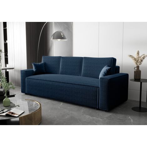 Canapé 3 places convertible AMBRI en velours côtelé 230 cm - Bleu (1/5)
