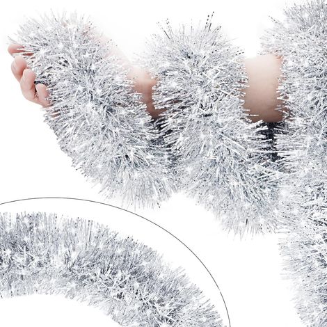 Corona navideña retorcida - Decoración para árbol de Navidad - Apta para uso interior y exterior, 10 m, color plata. (1/5)