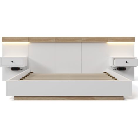 CAIzi68232430AAW Lit double avec structure de lit, 2 tables de chevet LED et prise USB-C 140 x 200 cm, lit en bois avec 2 tables de nuit, ensemble chambre complet -- 205x244x90.5 cm(L/B/H), chêne Sono (1/5)