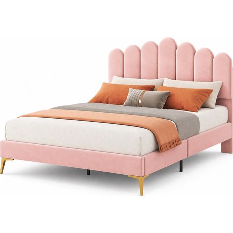 Lit capitonné 140 x 200 cm en velours rose, avec tête de lit réglable, sommier à lattes et structure stable en MDF, panneau de particules et métal - CHICFURN (1/5)