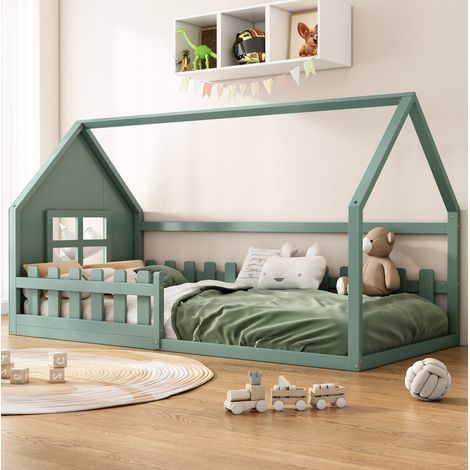 lit chambre enfant maison 90x200 bois vert HAVRYA (1/5)