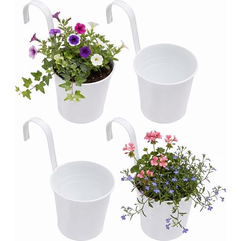 Lot de 4 Pots de Fleurs Suspendus Style Shabby - en métal - avec Crochet - pour extérieur, Balcon, Jardin - Blanc (1/5)