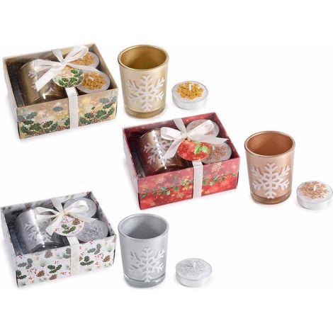Confezioni regalo di Natale con portacandela in vetro e 2 tealight con decoro fiocco di neve con glitter, set da 9 pezzi, Portacandela: Ø 5 x 6 H