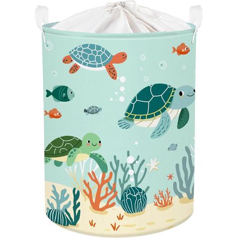 Corbeille a Linge Animaux Marins Repliable Panier Rangement Jouets Vêtements Maison, Tortues Vertes, 63L (1/5)