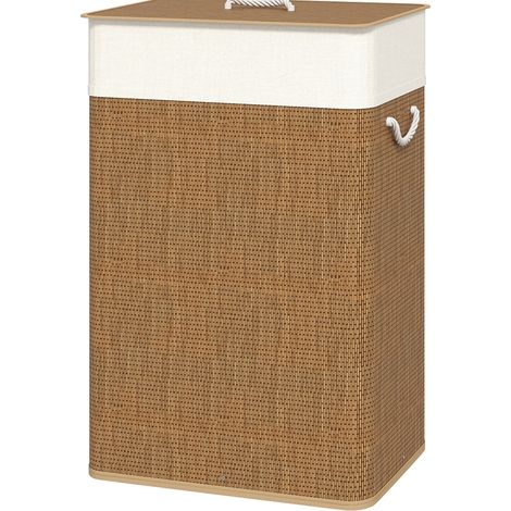 Cesta portabiancheria in bambù con coperchio 72 L e maniglie in corda, marrone (1/5)