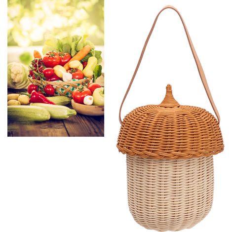 Chapeau pour enfant digne d'Instagram, sac à bandoulière/sac à main décoratif mignon en rotin tressé à la main avec motif pomme de pin, style coréen, accessoire de photographie unisexe, grand sac four (1/5)