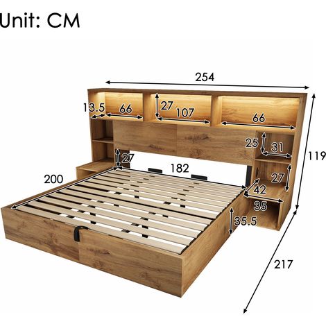 Lit coffre 180x200 cm, aspect chêne, avec vérins hydrauliques, lit double en bois avec tables de chevet intégrées, cadre de lit à lattes et étagère de tête de lit, éclairage LED et USB-C, matelas non (1/4)