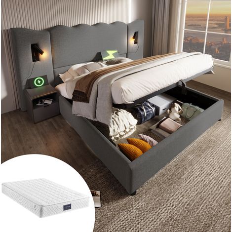 Cama tapizada 160x200 cm con colchón, arcón hidráulico, cabecero ondulado con luz de lectura USB-C, gris (1/5)