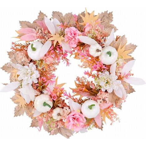 Guirlande Automnale - Citrouille Blanche et Rose - Pour Porte d'Entrée et Extérieur - 40 cm - Décoration Saisonnière Automne Noël