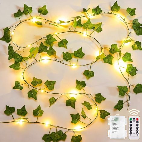Guirlande Lumineuse Lierre Artificiel 10M 100 LED Plante Artificielle Feuille à Piles avec Télécommande, 8 Modes Faux Lierre Étanche Décoration pour Chambre Ado Salon Balcon Mariage Fête (1/5)