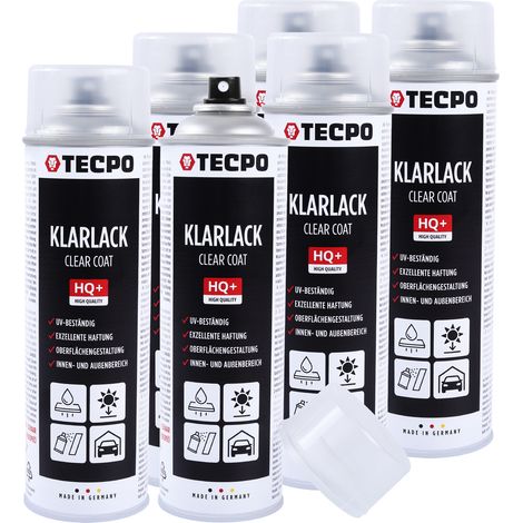 TECPO Acryllack Klarlack, 6x 500ml Sprühlack Spraydose Transparent zur dauerhaften Versieglung Schützen Fixieren für Hochglanz Deckschicht geeignet für Holz, Metall, Aluminium, Glas, Kunststoffe (1/5)
