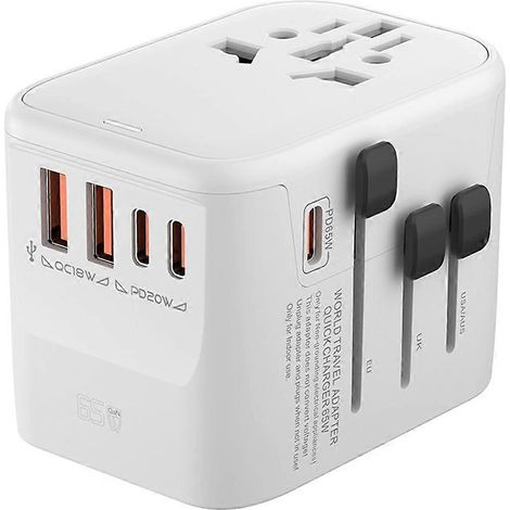 GaN65W Internationaler Reiseadapter mit 2 USB-Anschlüssen und 3 USB Typ-C-Anschlüssen, GaN-Schnellladefunktion, EU-, AU- und US-Steckern, Weiß. (1/5)