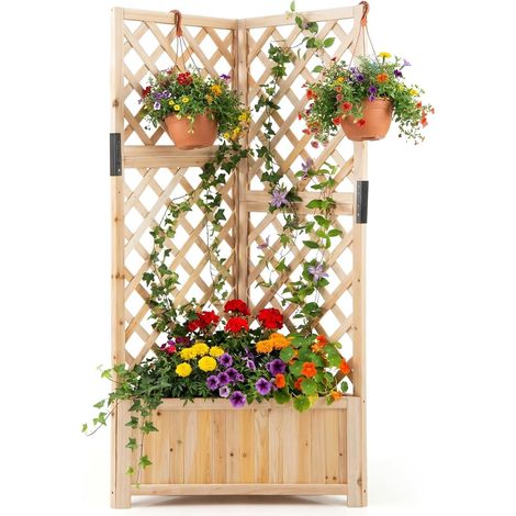 COSTWAY Letto da Giardino Rialzato ad Angolo con Traliccio e Fori di Drenaggio, Fioriera in Legno Elevata per Piante Rampicanti, Fiori e Verdure, Ideale per Interno ed Esterno (Naturale) (1/5)