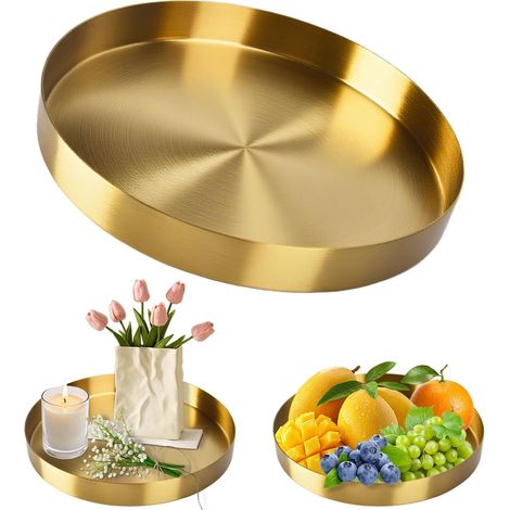 Bandeja redonda de metal dorado – Ø20 cm – para joyas, velas, cosméticos – decoración de mesa/cafetería