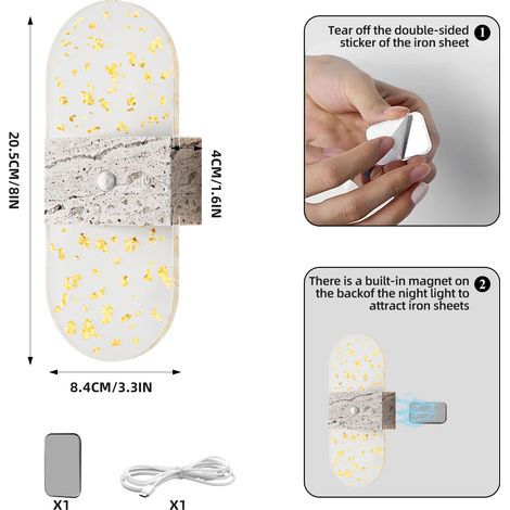 Lumière de nuit LED rechargeable, capteur mouvement, ovale, Travertin jaune