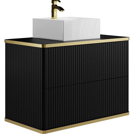 Mobile per bagno sospeso con scanalature con profilo Dorato e lavabo da appoggio Nero 80 cm - KELIZA (1/5)