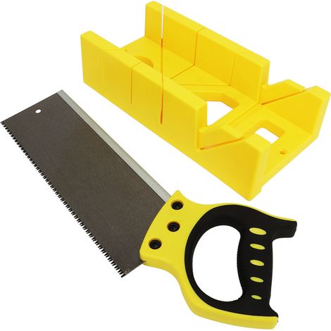 Scie à onglet manuelle avec guide oblique pour le travail du bois, boîte de rangement et système de serrage pour la coupe et le sciage en angle. (1/5)